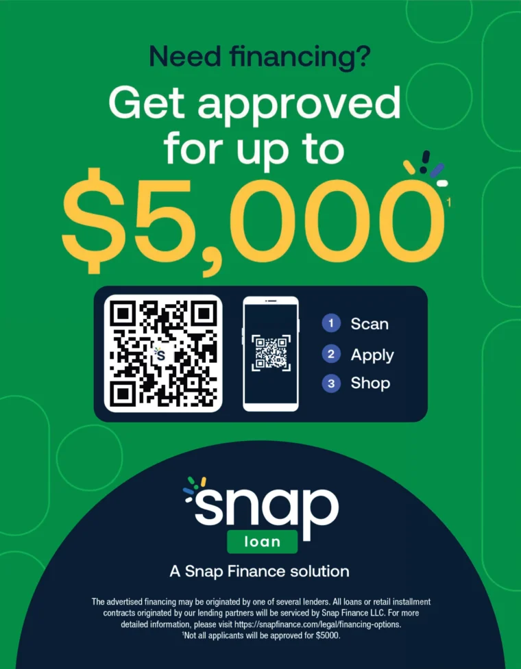 Snap Loan promo: ‘Get approved for up to $5,000’ with QR code and steps to apply.