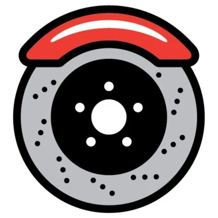 Icon of a car disc brake with a gray ventilated rotor and a red brake caliper on a white background.