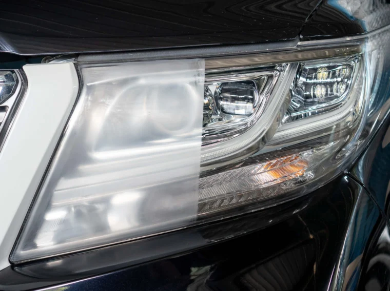 Headlight cleaning comparison with power buffer machine at service station.