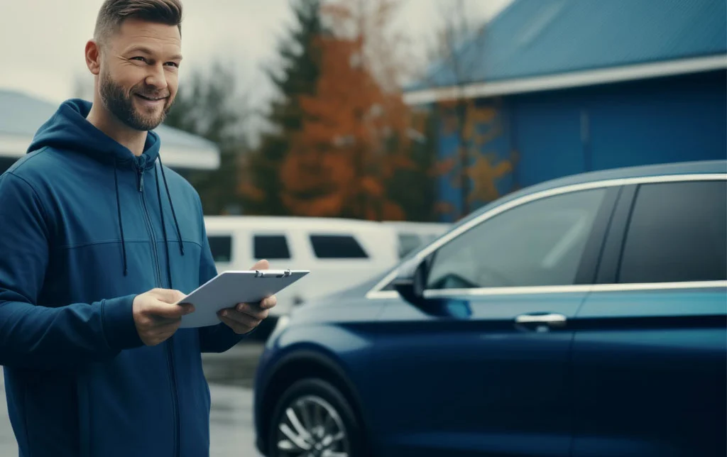 A man in a blue hoodie holds a clipboard, checking his car maintenance checklist as he stands beside a blue car in a parking lot, with trees and buildings in the background.