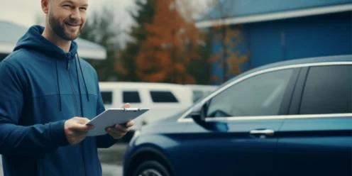 A man in a blue hoodie holds a clipboard, checking his car maintenance checklist as he stands beside a blue car in a parking lot, with trees and buildings in the background.