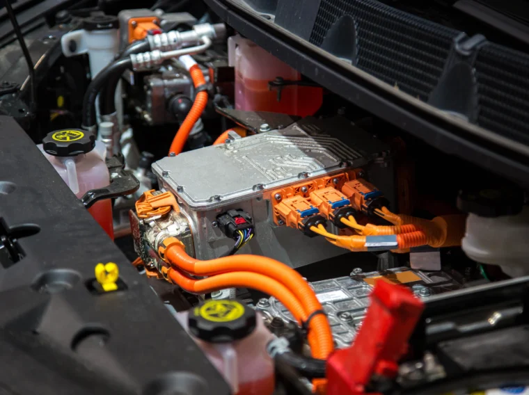 Underneath the hood of an electric vehicle (EV).