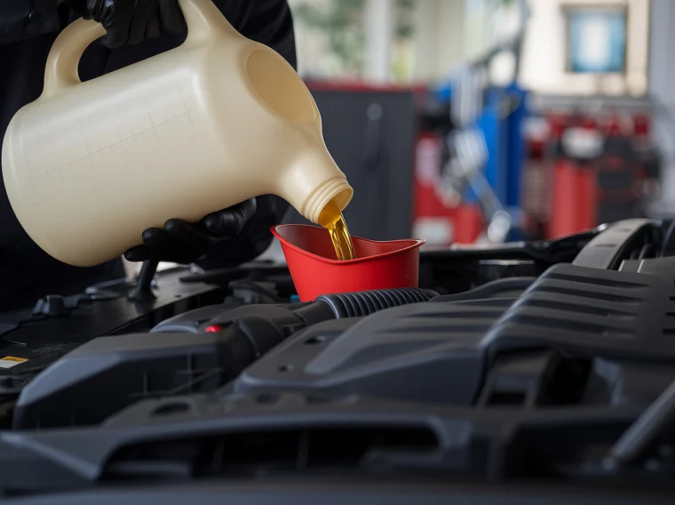 A person wearing black gloves pours engine oil from a large container into a red funnel placed in a car engine bay.