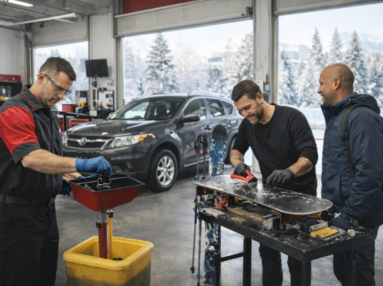 Three men work in a garage; one fixes a car part, while two others prepare a snowboard, with a car and snowy landscape visible outside the windows.