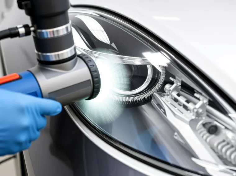 A hand polishing a car's headlight with specialized a tool and protective glove.