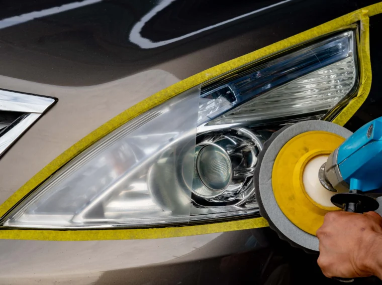 Car headlights with power buffer machine at service station.